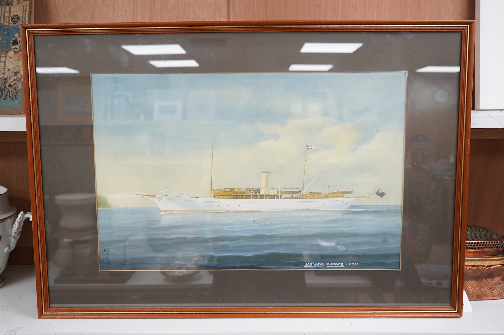 Attributed to Luca Papaluca (Italian, 1890-1934), The steam yacht Rover, wearing the burgee and the blue ensign of the Royal Thames Yacht club, inscribed with title and Cowes,1921, watercolour and gouache, 36 x 55cm